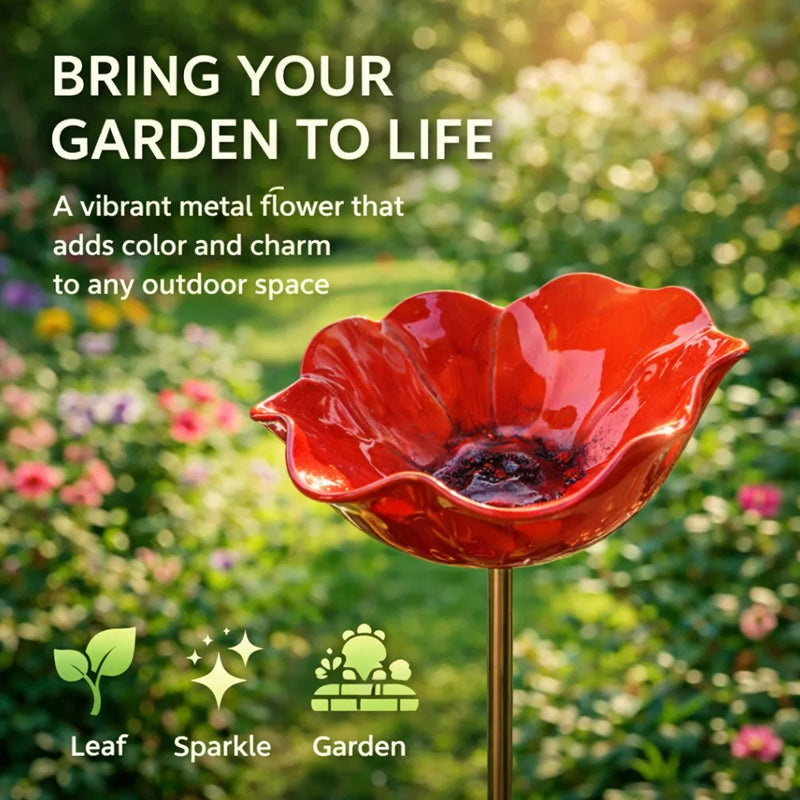 Decorative Bird Bath for Garden Spaces – Metal Flower Stake with Bird Bath