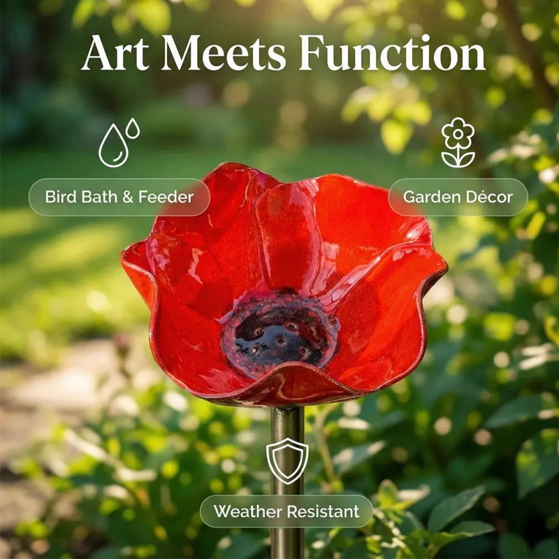 Decorative Bird Bath for Garden Spaces – Metal Flower Stake with Bird Bath