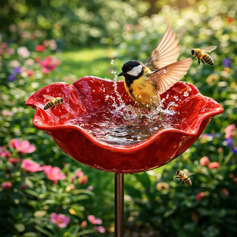 Decorative Bird Bath for Garden Spaces – Metal Flower Stake with Bird Bath
