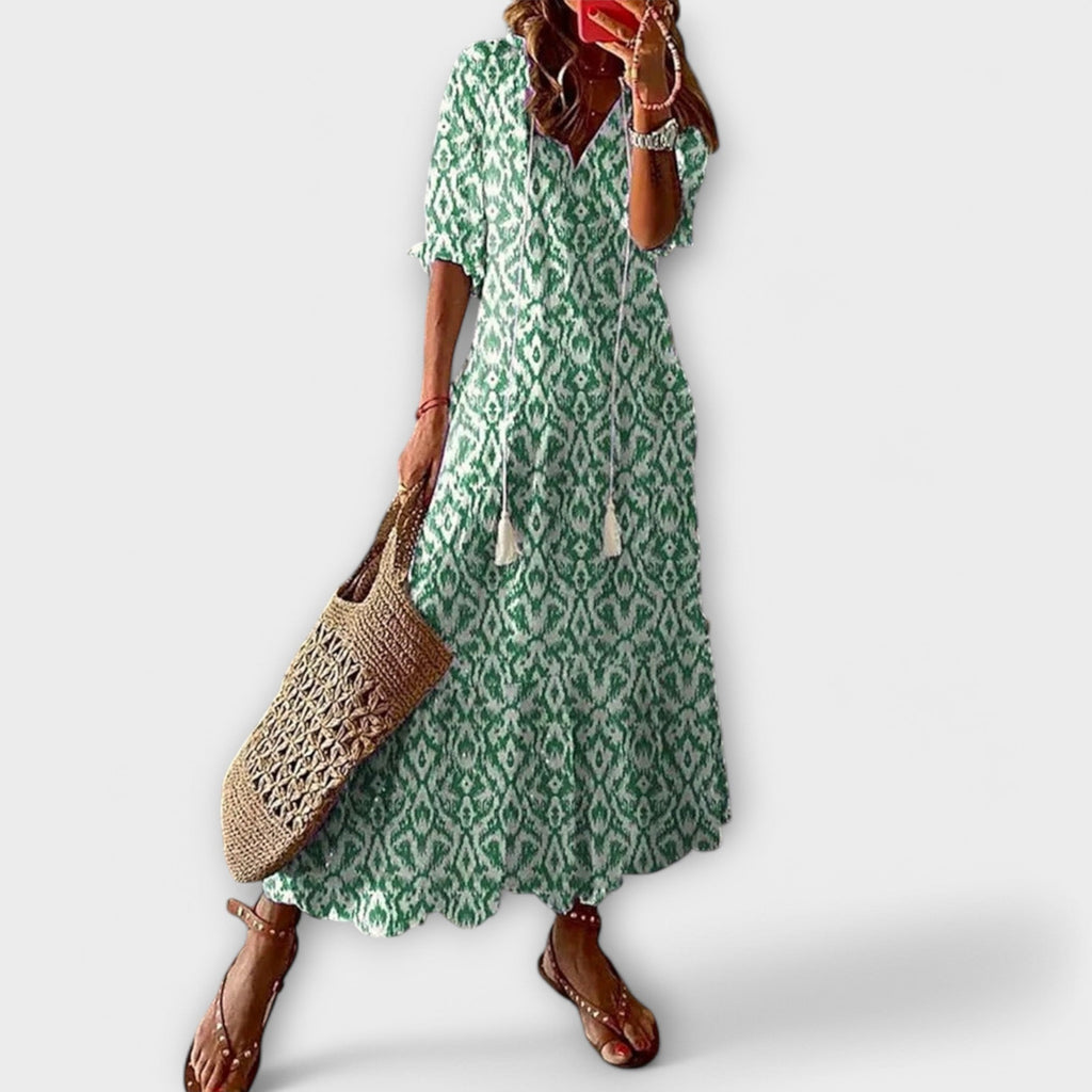 Patterned maxi dress for summer and vacation – Long dress with V-neck for women