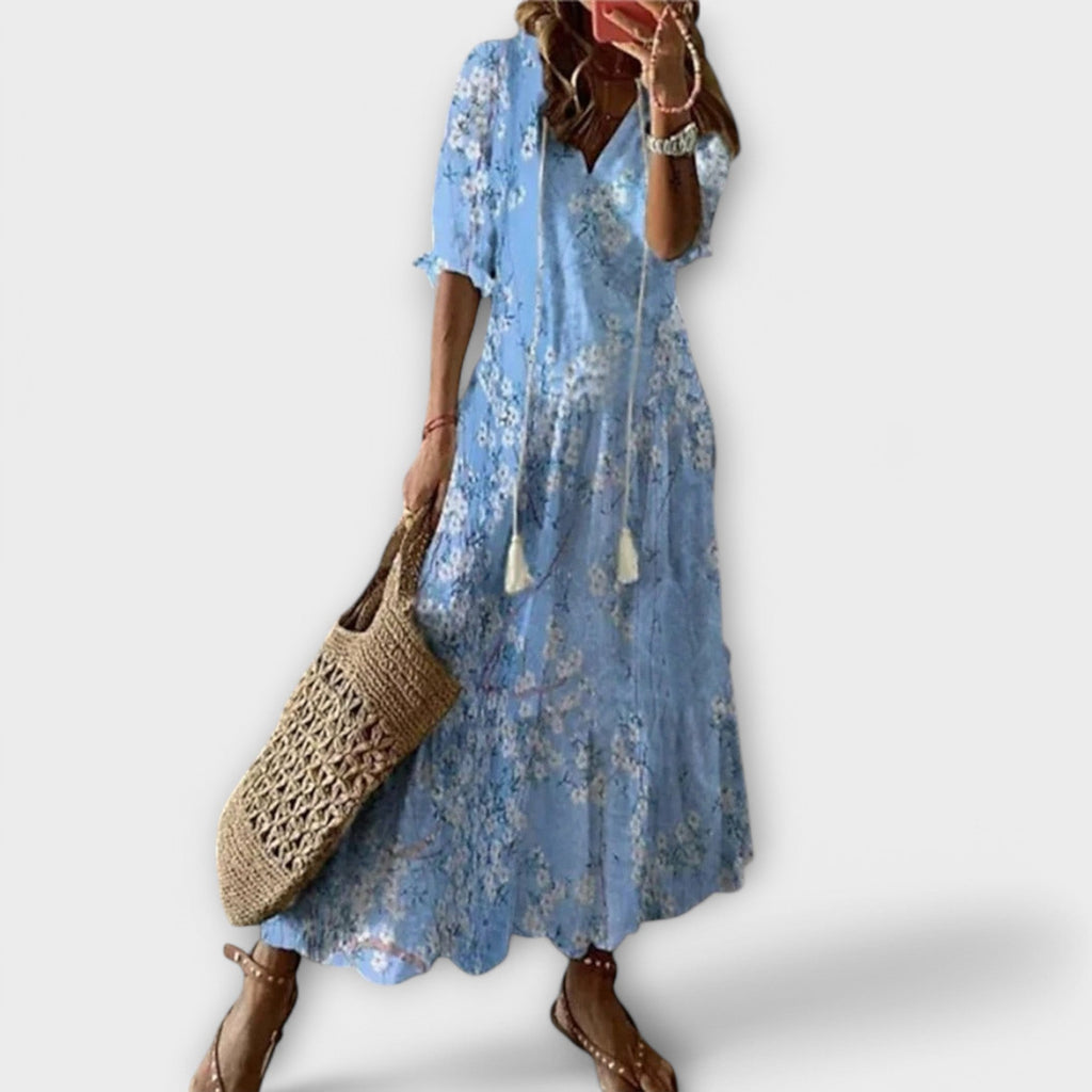 Patterned maxi dress for summer and vacation – Long dress with V-neck for women