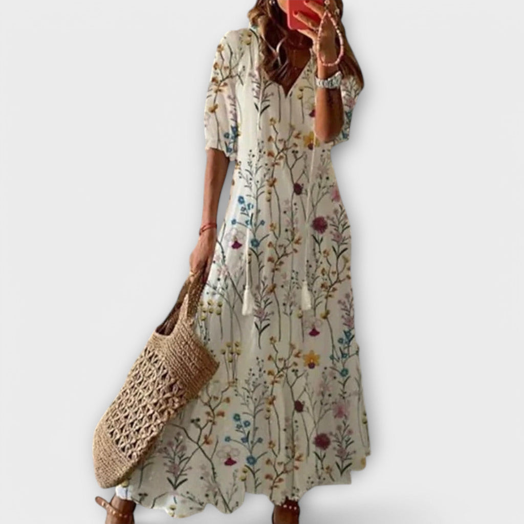 Patterned maxi dress for summer and vacation – Long dress with V-neck for women