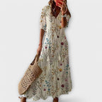 Patterned maxi dress for summer and vacation – Long dress with V-neck for women