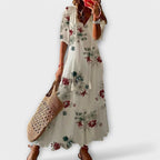 Patterned maxi dress for summer and vacation – Long dress with V-neck for women