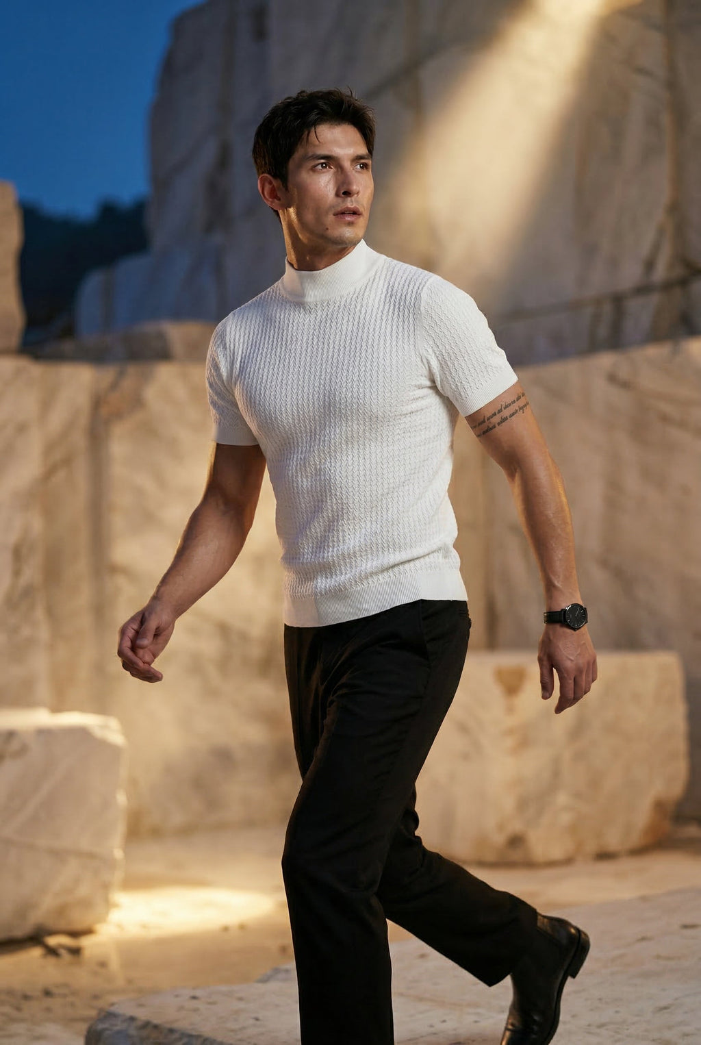 Ribbed sweater for everyday use – Short-sleeve sweater with high neck for men