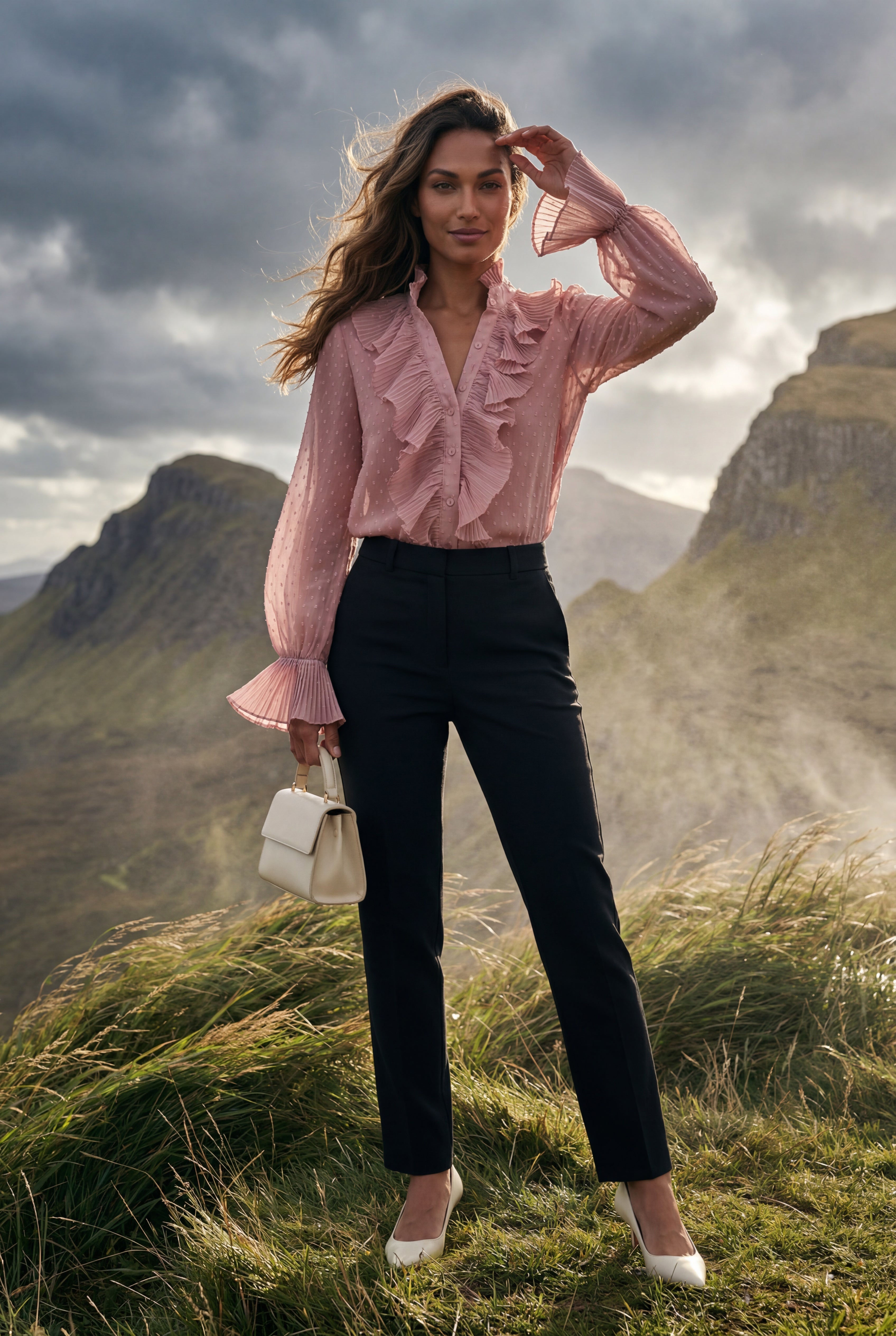 Elegant blouse for work and everyday use – Pleated blouse with ruffle details for women